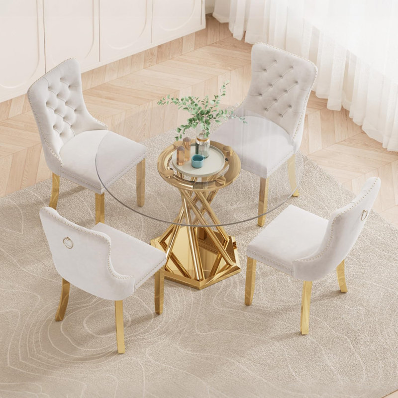 Ensemble de table de salle à manger 47,2 "en verre pour 4 personnes, table de salle à manger avec 4 chaises en velours, Doré