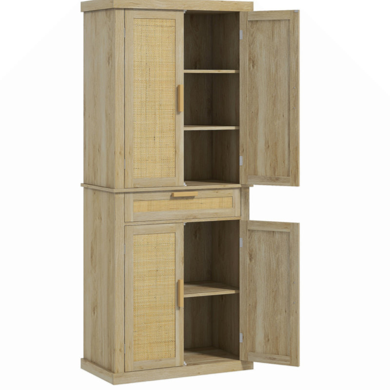 Oak and Rattan 72" Tall Kitchen Pantry Storage Cabinet