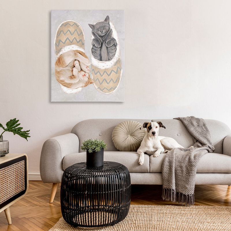 Chatons dans des pantoufles, art mural par Ziwei Li, H 48 po x l 36 po