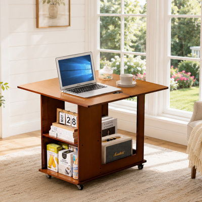 Bamboo Folding End Table Desk with Rolling Storage for Sofa and Bed