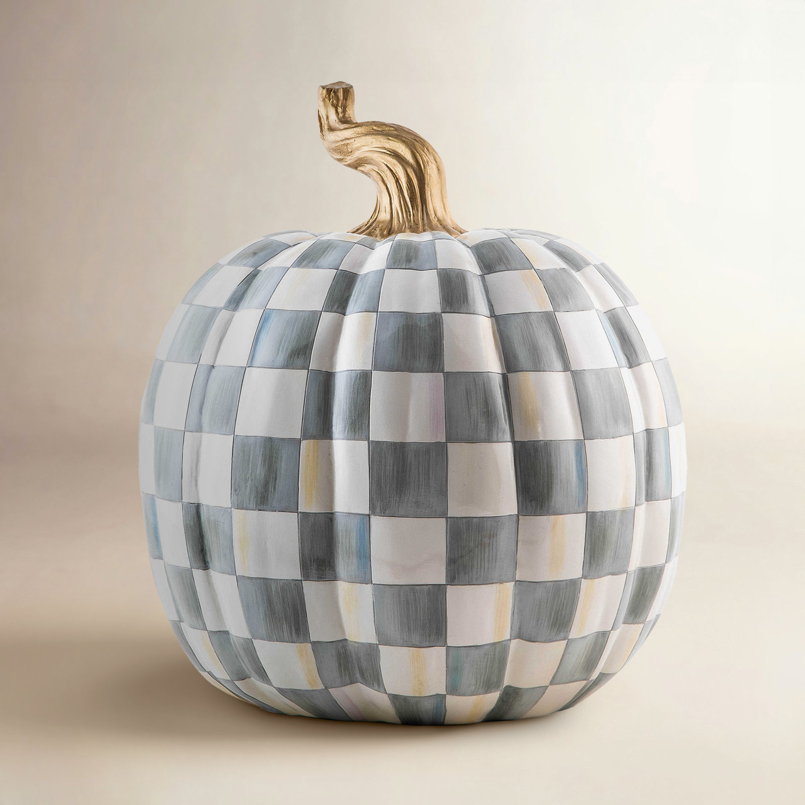 Check Pumpkin Holiday Accent, 15" H x 10" W x 10" D, Sterling/White/Gold