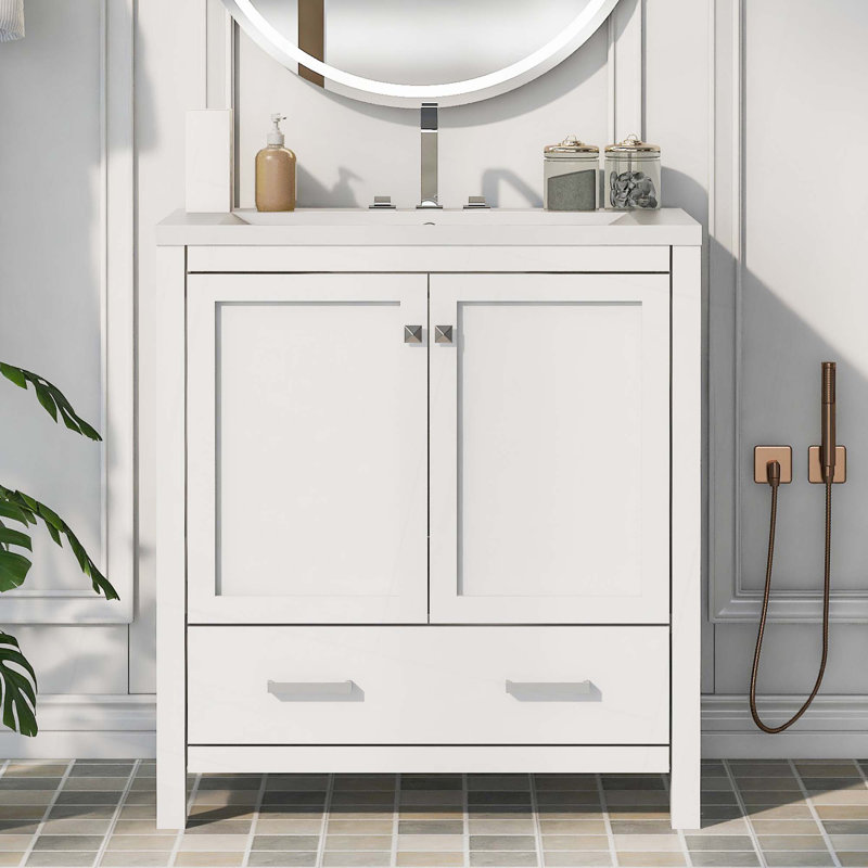 Meuble-lavabo de salle de bain avec lavabo simple, 2 portes à fermeture douce et un tiroir, Blanc