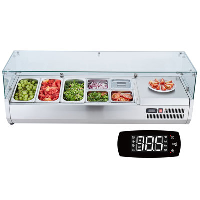 Station de préparation de condiments réfrigérés, station de condiments réfrigérés de comptoir de 140 W, avec 3 1/3 casseroles et 4 1/6 casseroles, corps en acier inoxydable 304 et couvercle PC, table de préparation Sandwich avec garde en verre, ET