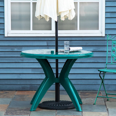 Table de patio ronde en plastique 37,11 po avec trou pour parasol - parfaite pour la cour, le jardin, facile à nettoyer, surface à gratter