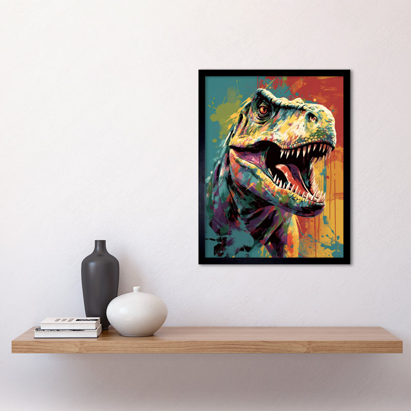 Udel Roaring T-Rex Multicoloured Dinosaur Portrait - Single Picture Frame Print