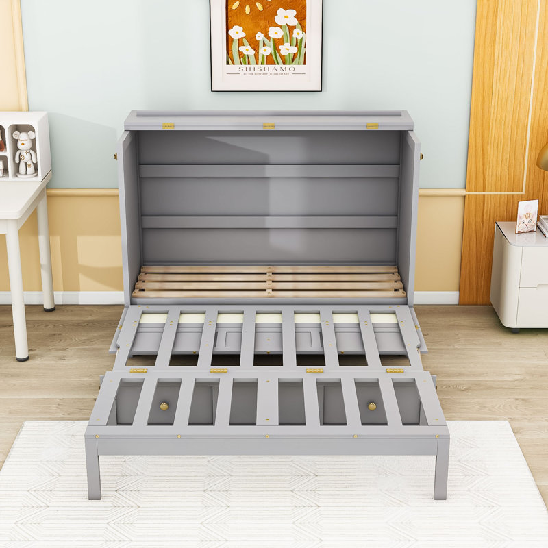 Lit escamotable en bois avec tiroirs, Gris, Double