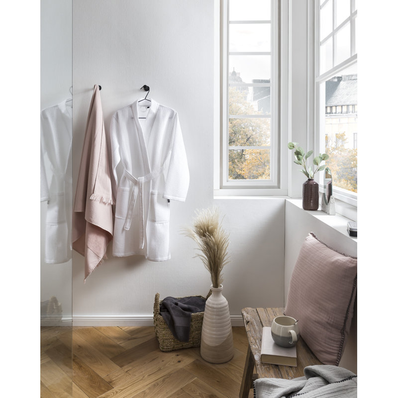 Cotton Waffle Above Knee Bathrobe with Pockets, White, SM