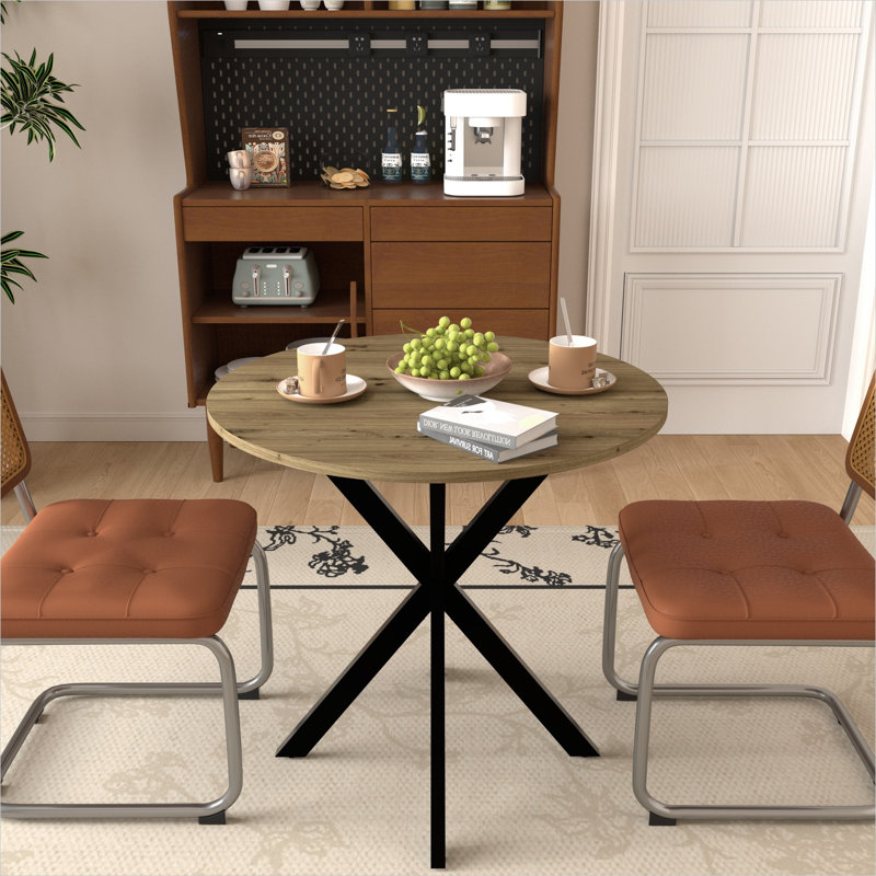 Table de salle à manger ronde de 31,5 po pour 4, style industriel moderne, plateau en bois aggloméré brun avec pieds en métal noir