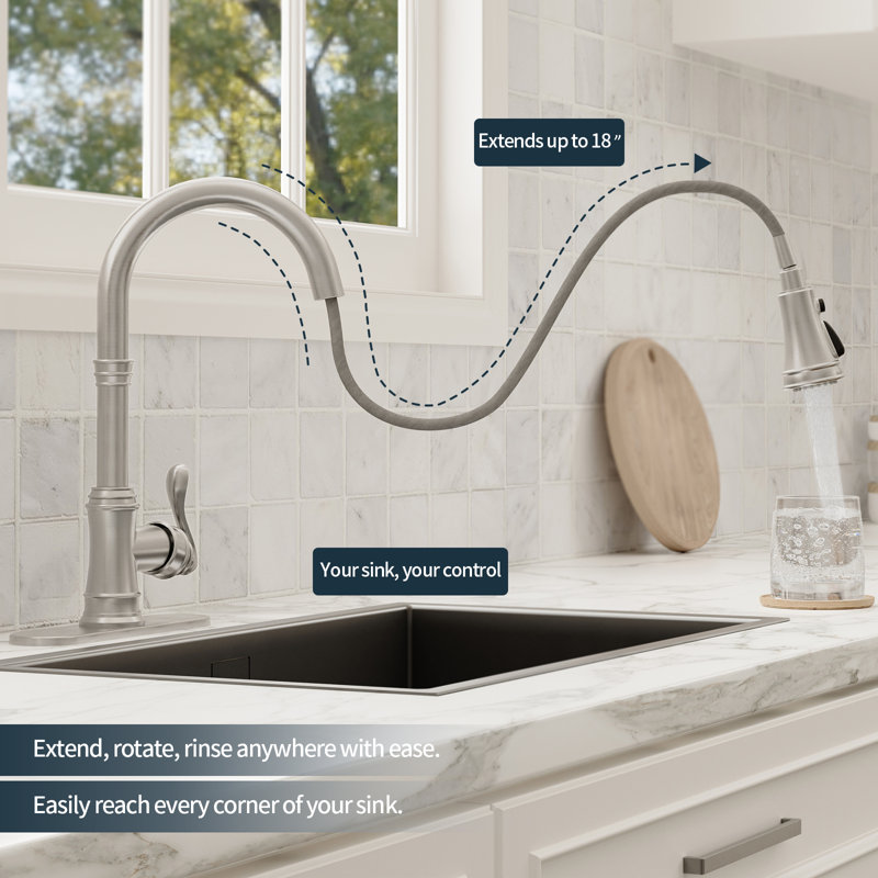 Swivel Pull-Down 3 Spray High Arc Single-Handle Kitchen Faucet With Deck Plate, Brushed Nickel