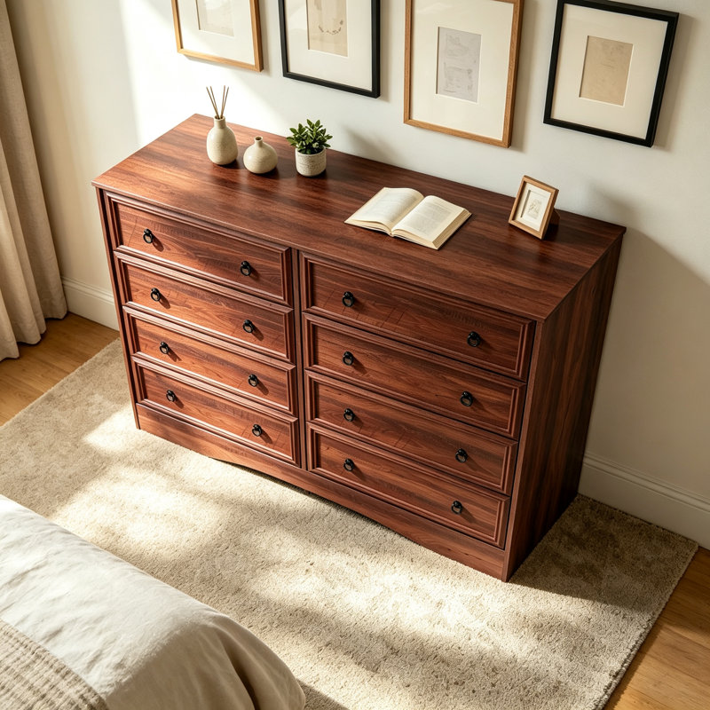 47 Inch Dresser for Bedroom, 8 Drawer Dresser with Large Drawers, Mid Century Modern Wide Wood Chest for Living Room, Hallway, Cherry Wood Color