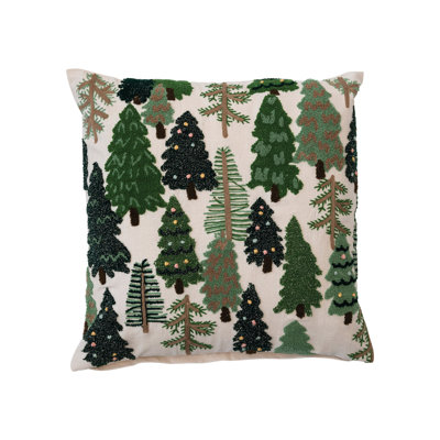 Square Cotton Slub Embroidered Pillow with Trees and French Knots