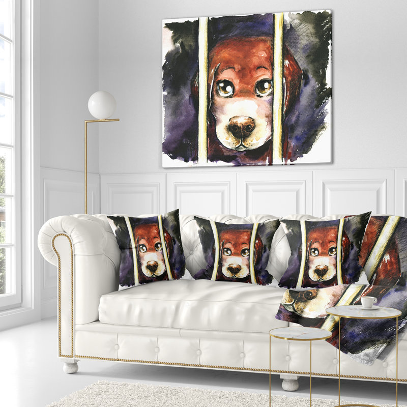 Sad Dog in Animal Shelter - Coussin imprimé animal, 16 po x 1 po, Coussin décoratif