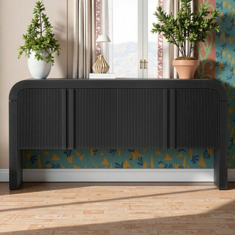 Console à motif de vagues avec 4 portes, tablette réglable, mobilier d'entrée rustique, Noir