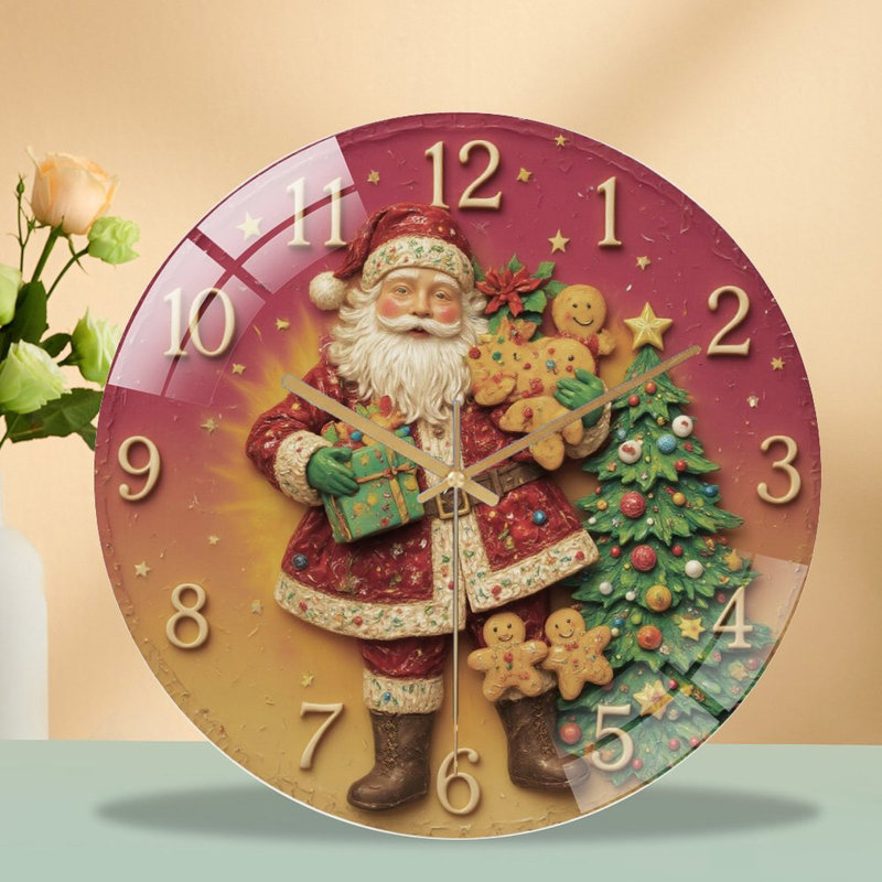 Horloge-Visage-Père Noël-Avec-Cadeaux-Arbre - Horloge murale moderne en verre 12 po