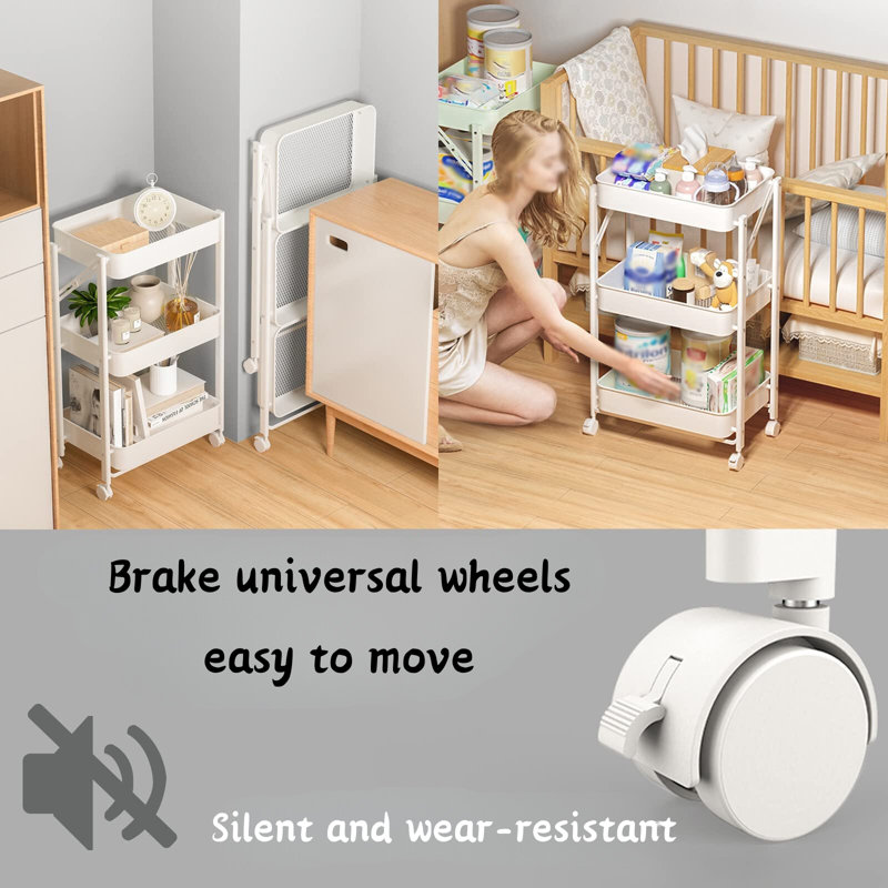 Chariot de rangement pliable à 3 niveaux, chariot utilitaire en métal pour salle de bain, Blanc
