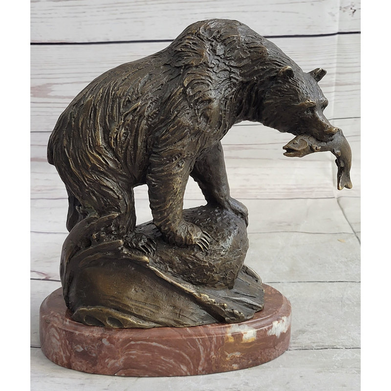 Bronze Bear with Fish Metal Sculpture on Marble Base