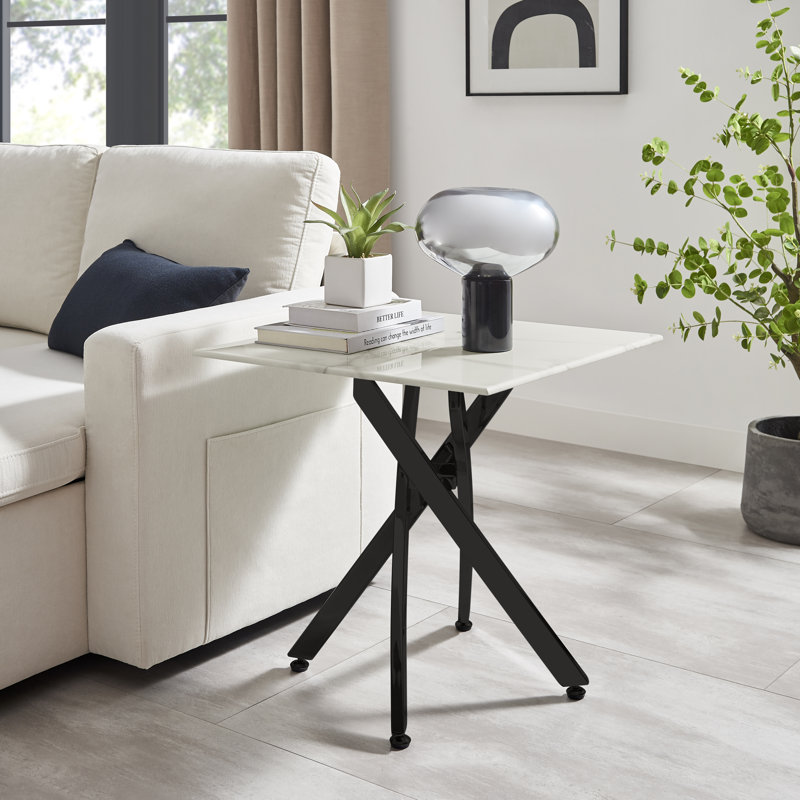 Atal Marble Effect Sofa Side Table - Glass Topped Metal Leg Small Table, Black Powder Coated Metal, White Marble Effect