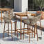 Ensemble de 4 tabourets de bar d'extérieur en corde de métal, structure en teck avec coussins beiges, collection de tabourets de patio résistants aux intempéries
