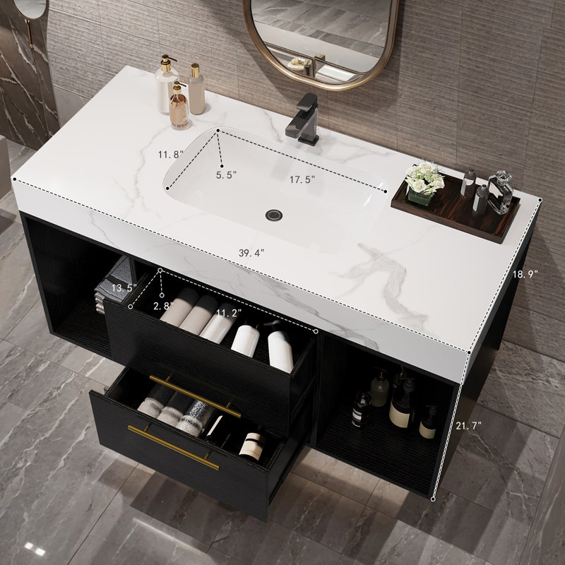 Meuble-lavabo mural moderne 39,4 po avec lavabo et armoire de salle de bain Modern, Noir