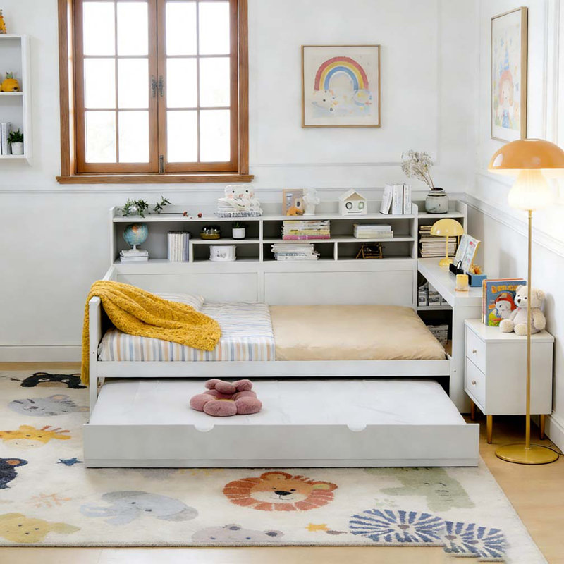 Wooden Twin Size Daybed with Storage Shelves, Multi-functional Bed with Twin Size Trundle Bed, Gray, Twin