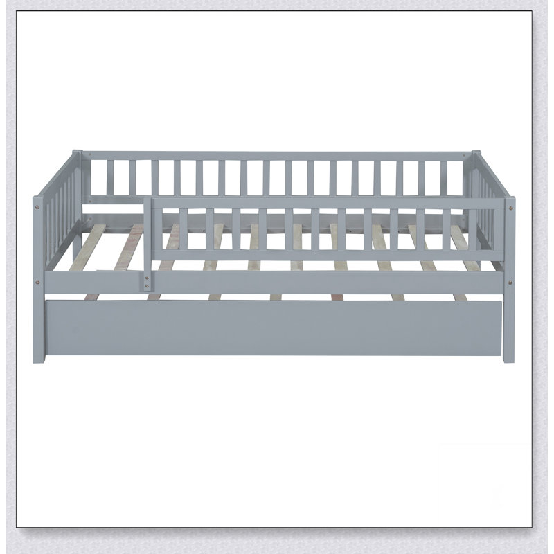Wood Daybed With Trundle And Fence Guardrails, Gray, Twin