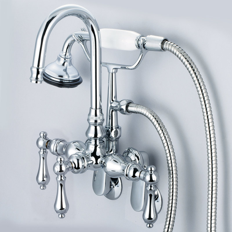 Stonington 3 Handle Wall Clawfoot Tub Faucet, Hand Polished, Richly Triple Plated Chrome Finish, Lever Handles