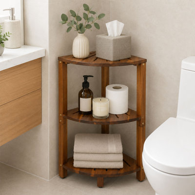 3 Tier Acacia Wood Corner Shower Caddy with Adjustable Feet