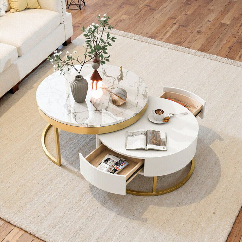 Table basse gigogne 2 pièces 31,5 po avec tiroirs, plateau en panneau de fibres à densité moyenne et base en métal 31,5 po