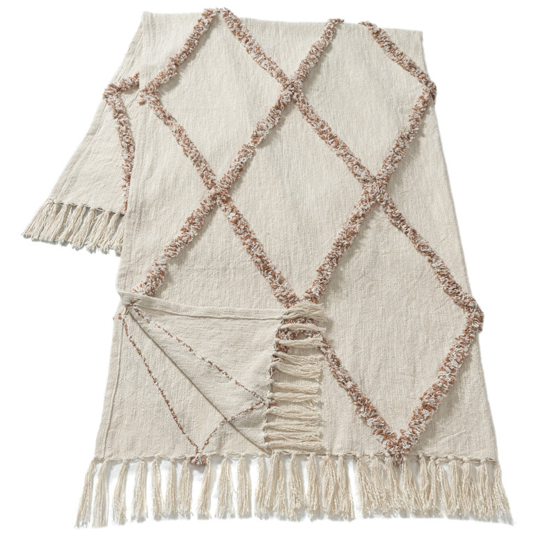 Crossed Diamond Hand woven Soft Cotton Throw Blanket, Brown/Ivory