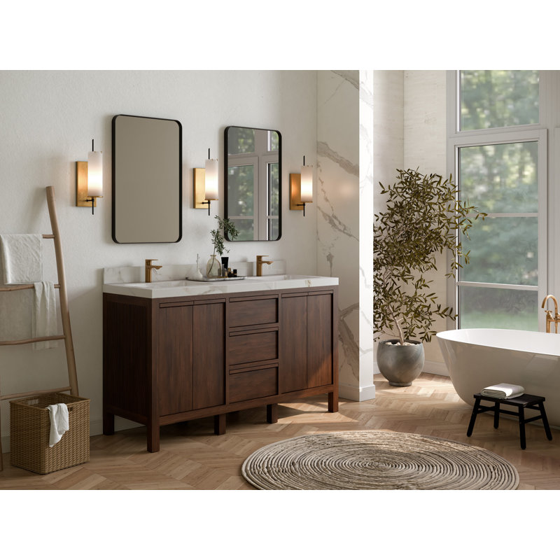 Ensemble de meuble-lavabo double 60 po Teak, Marbre de Carrare