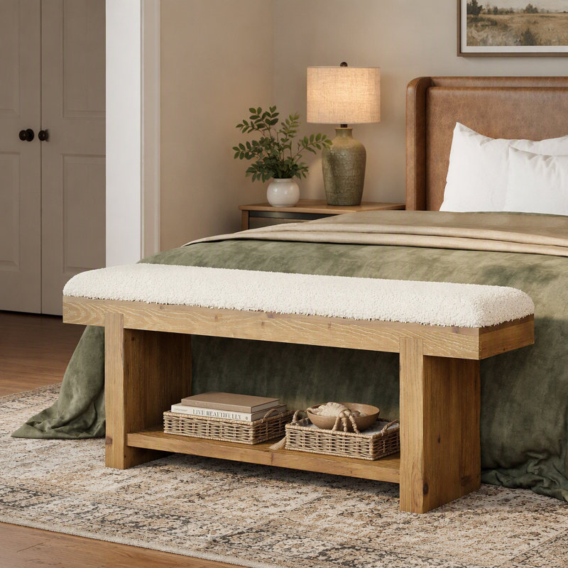 Banc en bois massif 47,2 "avec siège rembourré et rangement pour chaussures