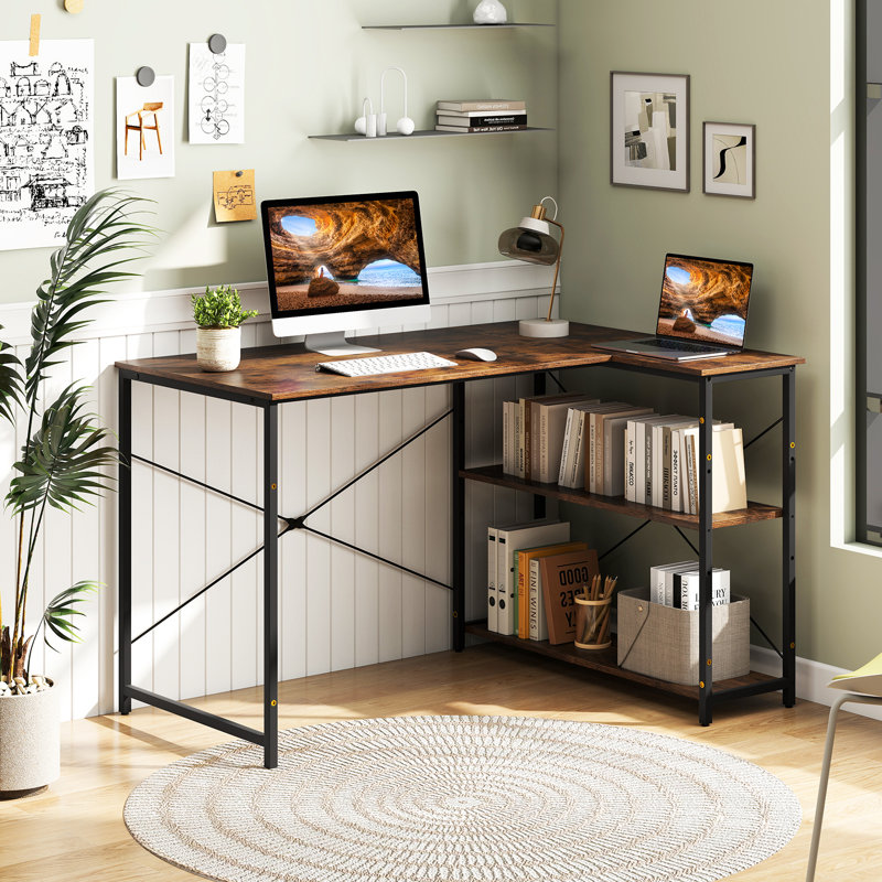 L-Shaped Metal Base Computer Desk, Brown
