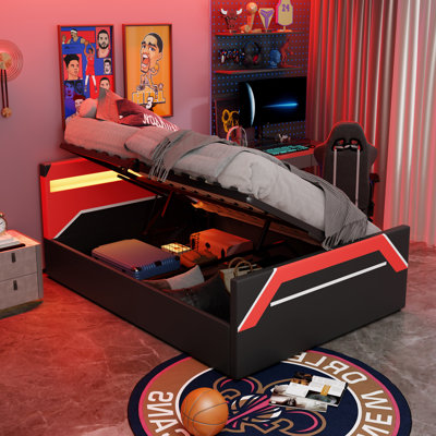 Grand lit plateforme de jeu avec tête de lit à DEL 7 couleurs, rangement hydraulique à levage latéral, cadre de lit Cyberpunk, noir rouge
