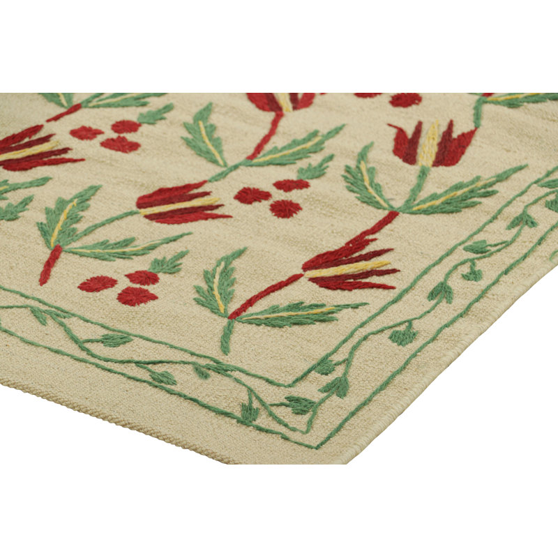 Rug & Kilim’S Suzani Style Kilim Runner Rug In Cream With Floral Patterns
