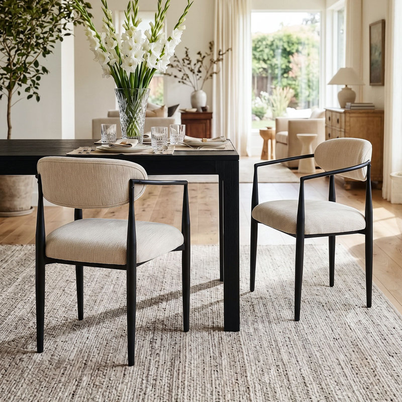 Chaises de salle à manger modernes en chenille avec accoudoirs et structure en métal, Beige