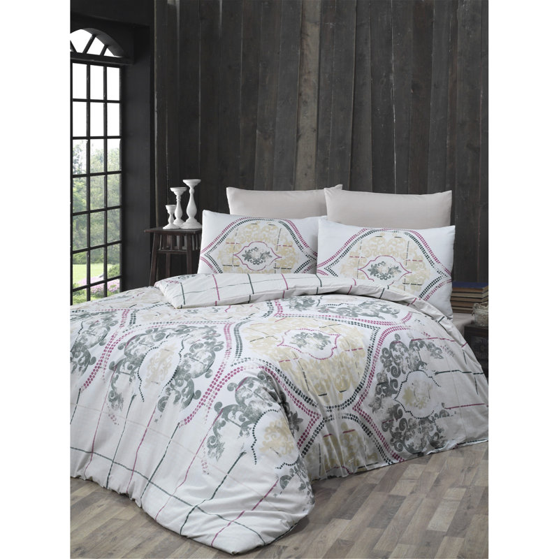 Ensemble de housse de couette 100% coton blanc / brun clair / vert Ilminster