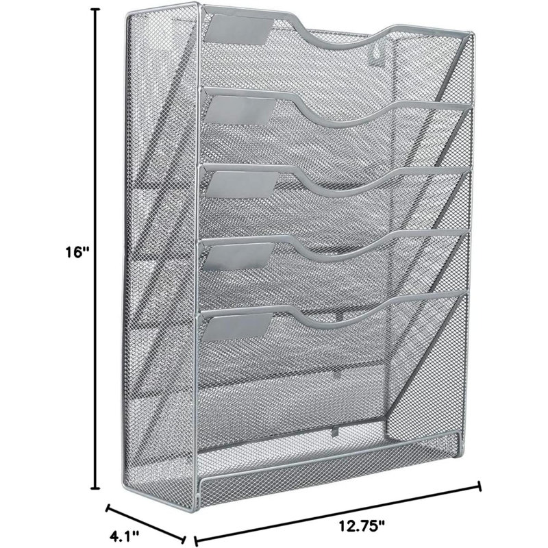 Wall File Organizer Mesh 5 Tier Wall File Holder Desktop Vertical Hanging File Folder Organizer With Bottom Flat Tray Sides Closed,Silver