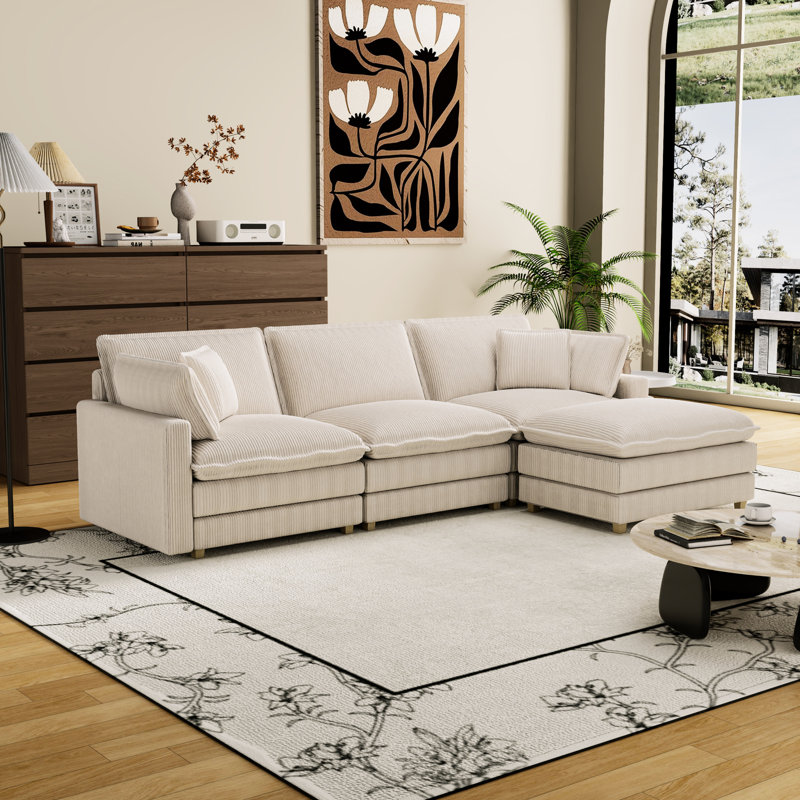 Beige Deep Seat Sectional With 4 Pillows - L-shaped, Modular For Living Room, Home Office, Solid Couch Bedroom, Apartment,