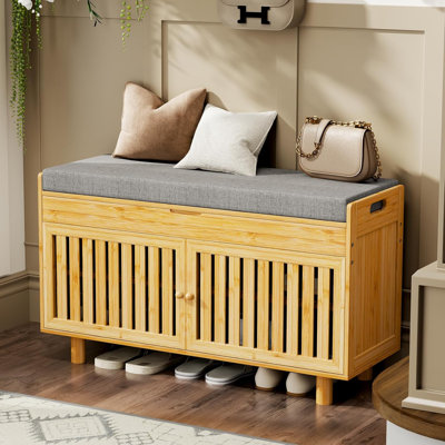 Bamboo Entryway Bench with 2 Doors and Upholstered Seat, 35.4"W x 12.6"D x 19.7", Natural