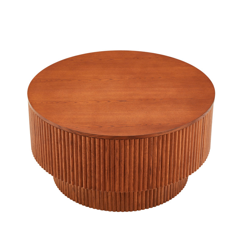 31.49" Wood Round Coffee Table For Living Room, Fluted Circle Coffee Table With Storage, Modern Handcraft Coffee Table For Apartment, Easy Assembly( 31.49"x31.49"x15.74")