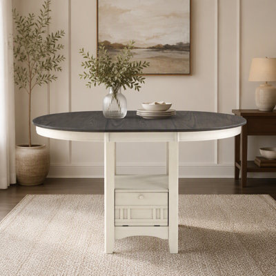 Table de salle à manger 1 pièce, fini blanc antique et brun rosé, avec rallonge et base de rangement, style traditionnel.