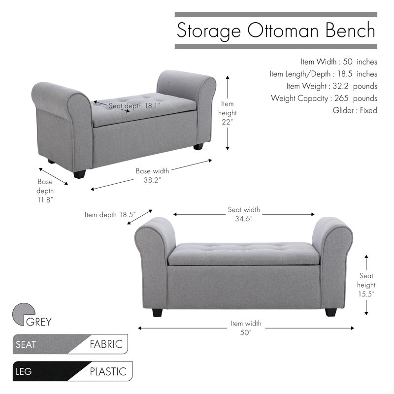 Banc de rangement rembourré en tissu Ammarie, Gris