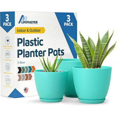 Planter Pots with Drainage Holes - Lightweight, Durable, and Space-Saving Pots for Indoor and Outdoor - Versatile Functionality, Simple Modern Design, Set of 3 Plastic Planter Pots