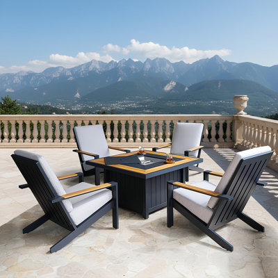 Leonia 5-Piece Aluminum Teak Adirondack Set with Fire Pit & Patio Cover