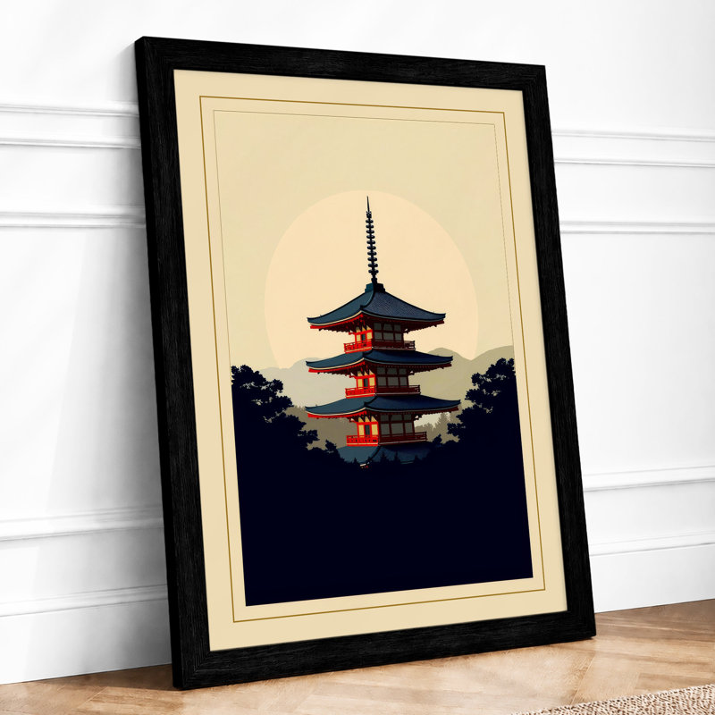 Pagoda Under Moon Japandi - Framed Print, A1 - 84.1 x 59.4 cm, Black