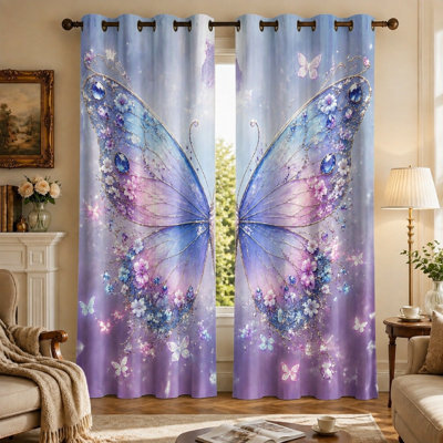 Rideaux à motif papillon onirique (lot de 2), style féerique et fantaisiste, décoratifs pour la chambre et le salon, imprimés artistiques avec des accents scintillants, filtrant la lumière pour une décoration intérieure harmonieuse.