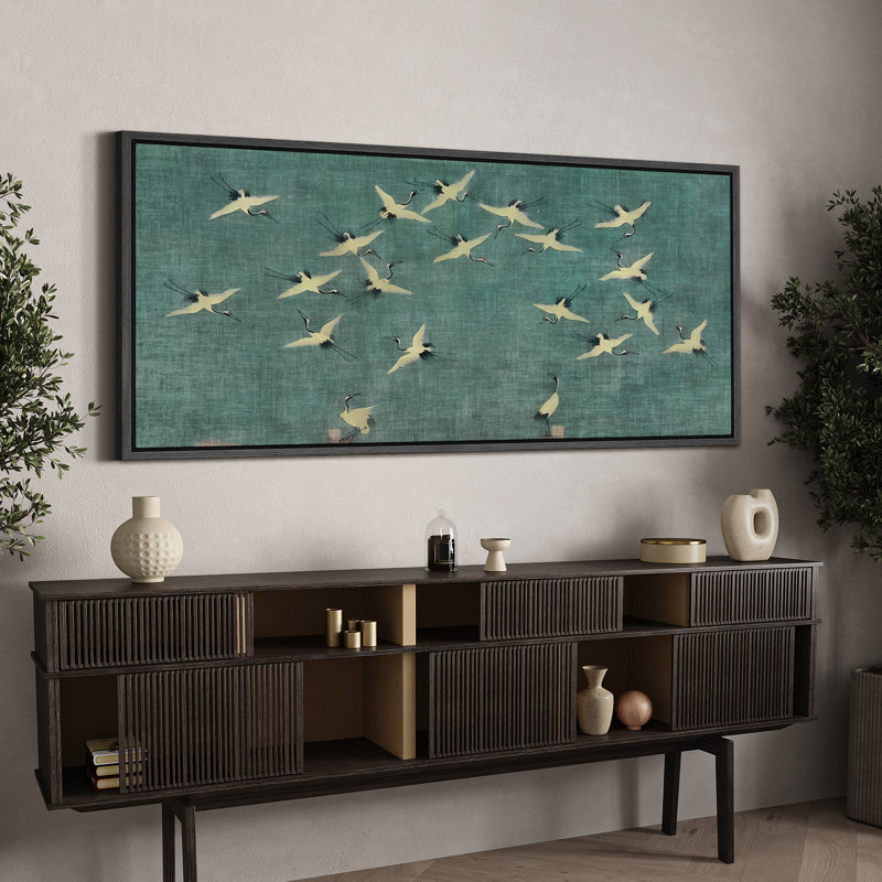 Serene Sky Cranes In Flight On Teal Rustic Artwork Extra Large Pictures Framed Canvas Print Wall Art, 30" H x 60" W, Black
