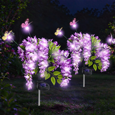 Solar Swaying Butterfly & Wisteria Flower Stake Lights, Purple Glow 2‑Pack, IP65 Waterproof Solar Powered Outdoor Decor for Garden Lawn Holiday Christmas Halloween Party Decoration