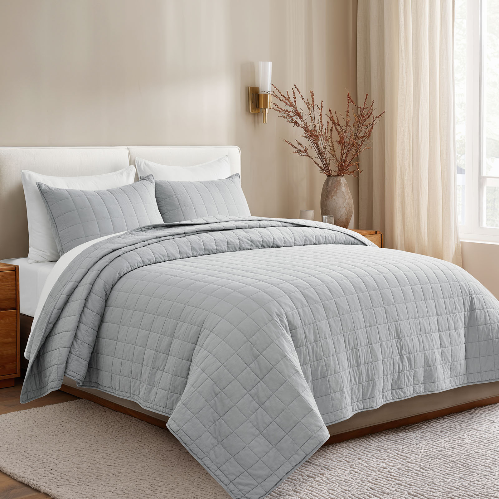 Cotton Quilt Set, King Quilt + 2 King Shams, Fog Gray