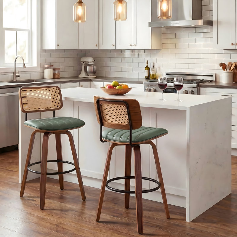 Swivel Upholstered Counter Stool, GREEN, Set of 2, 77cm